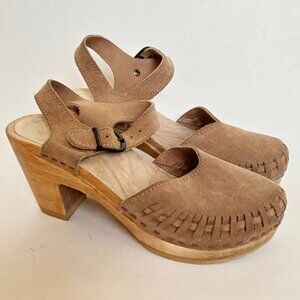 No 6 Clogs Woven Heels Leather Light Brown Tan Taupe Wood Ankle Buckle 37 7